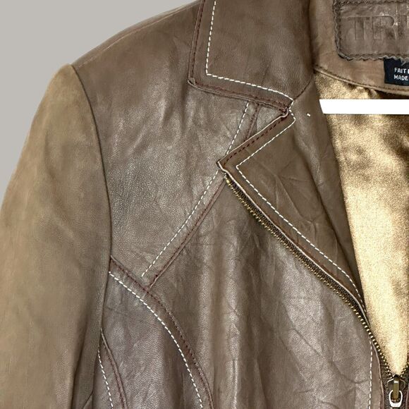Tribal Leather Full Zip Collared Jacket Brown Women 8 Zip Pockets Leather Cuffed - Picture 7 of 11